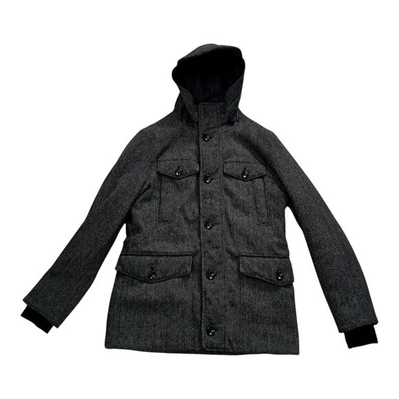 Zara Man Coat Men's Large Gray Herringbone Wool Blend Hooded Heavy Classic - Picture 1 of 12